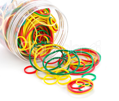 Elastic bands in bank on a white background