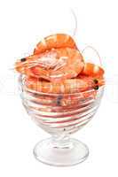 Prawns in a glass salad bowl isolated on white background