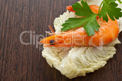 Prawn with a sprig of parsley and salad close up.