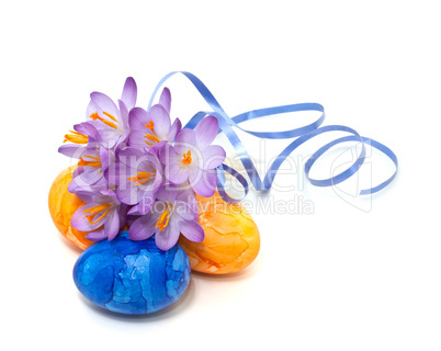 Bouquet of spring crocus with Easter eggs