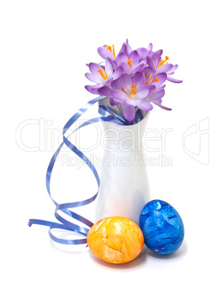Bouquet of spring crocus with Easter eggs