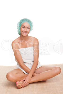 Beautiful woman in a shower cap