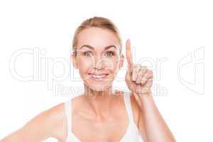 Smiling woman pointing with her finger
