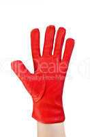 Glove red on his hand