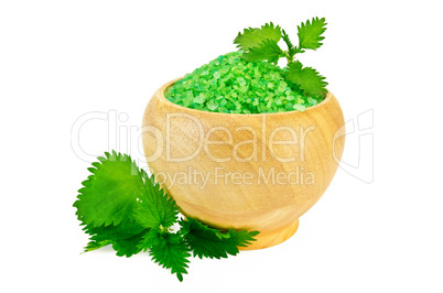 Salt in the green wood bowl with nettle
