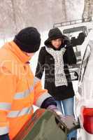 Man filling gas tank car breakdown woman