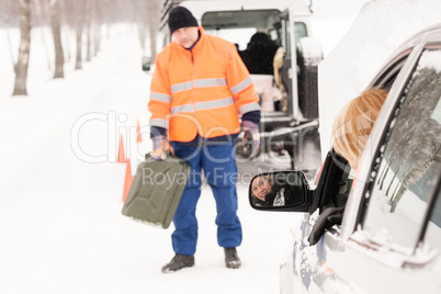 Woman broken car man gas can snow