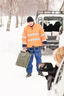 Woman broken car man gas can snow