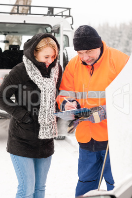 Woman fill document broken car snow mechanic