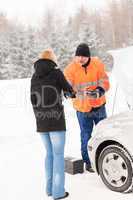 Woman handshake mechanic broken car winter help