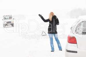 Woman hitchhiking having trouble with car snow