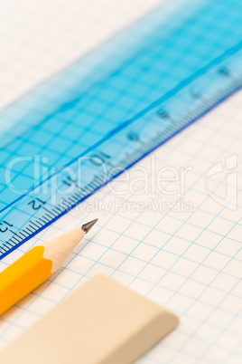School geometry supplies pencil, rubber and ruler