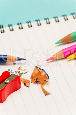 Color pencils and sharpener shaving