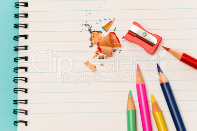 Color pencils and sharpener shaving