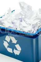 Blue recycling bin box with paper waste