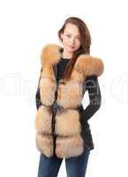 Stylish woman in winter fur jacket