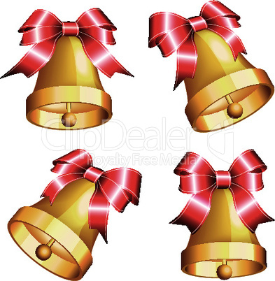 Set of golden bells with red bows.