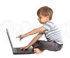 Boy with laptop isolated on white background