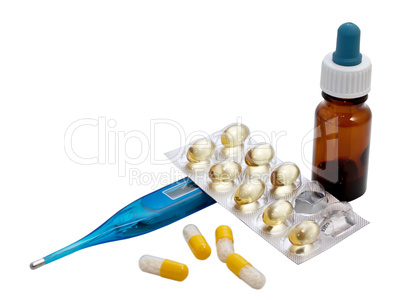 vitamins and pills and thermometer Isolated on white background