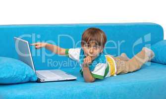 Boy with laptop isolated on white background