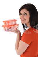 Woman holding plastic container