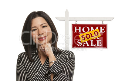 Woman and Sold Home For Sale Real Estate Sign Isolated