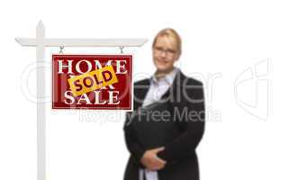Businesswoman Behind Sold Home For Sale Real Estate Sign Isolate