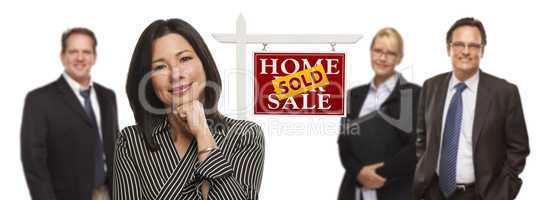 Mixed Race People with Sold Real Estate Sign Isolated