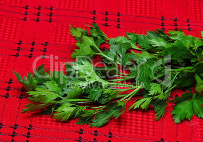 Parsley on red tablecloth