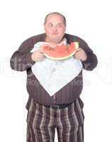 Obese man eating watermelon