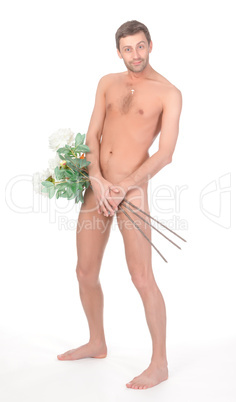 Cheeky naked man with flowers