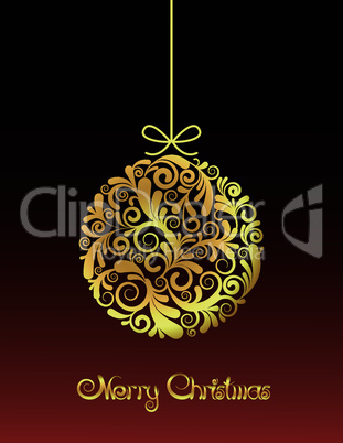 Gold Christmas ball on red background.