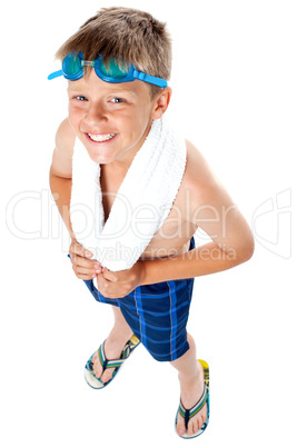 Top angle shot of a young kid in swimming costume