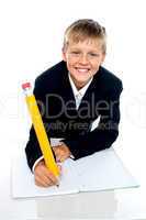 Charming school boy writing his assignment