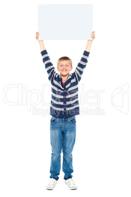 Boy holding banner ad above his head