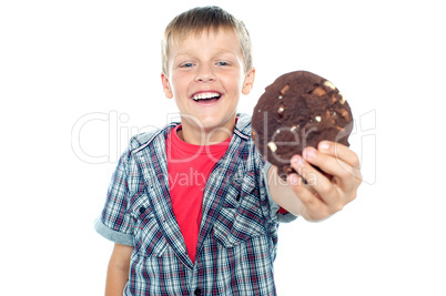 Cheerful boy offering you a chocolate cookie