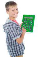 Pleasant young student using a large green calculator