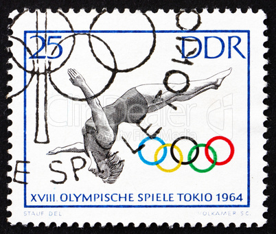 Postage stamp GDR 1964 Woman Diver, Tokyo 64