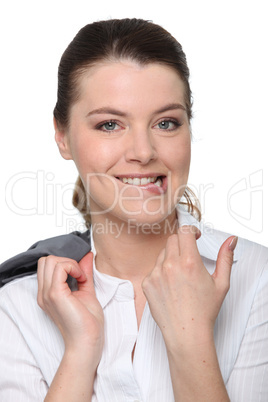 Closeup of a female employee biting her lip