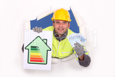 Laborer with energy rating sign and bills in hands