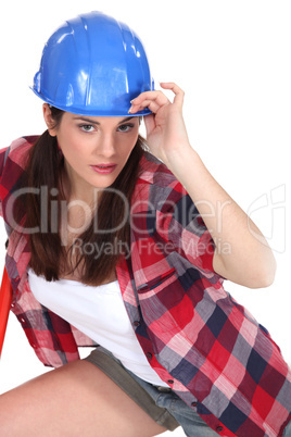 Woman with blue helmet