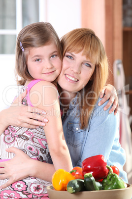 Mother and young daughter in kitchen