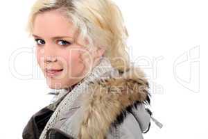 Blonde girl with fur hood
