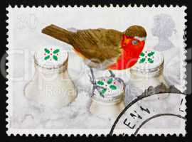 Postage stamp GB 1995 European Robin on snow covered milk bottle