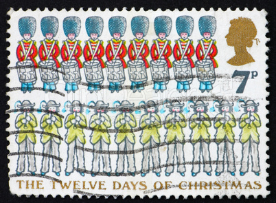 Postage stamp GB 1977 Nine Drummers Drumming and Ten Pipers Pipi