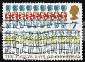 Postage stamp GB 1977 Nine Drummers Drumming and Ten Pipers Pipi
