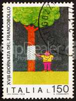 Postage stamp Italy 1976 Boy Healing Tree, Child Drawing