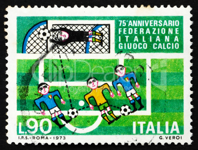 Postage stamp Italy 1973 Soccer players and goal