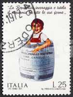 Postage stamp Italy 1971 Child in Barrel Made of Banknote