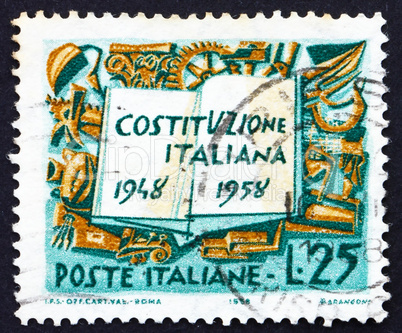 Postage stamp Italy 1958 Book and Symbols of Labor Industry and Postage stamp Italy 1958 Book and Symbols of Labor Industry and